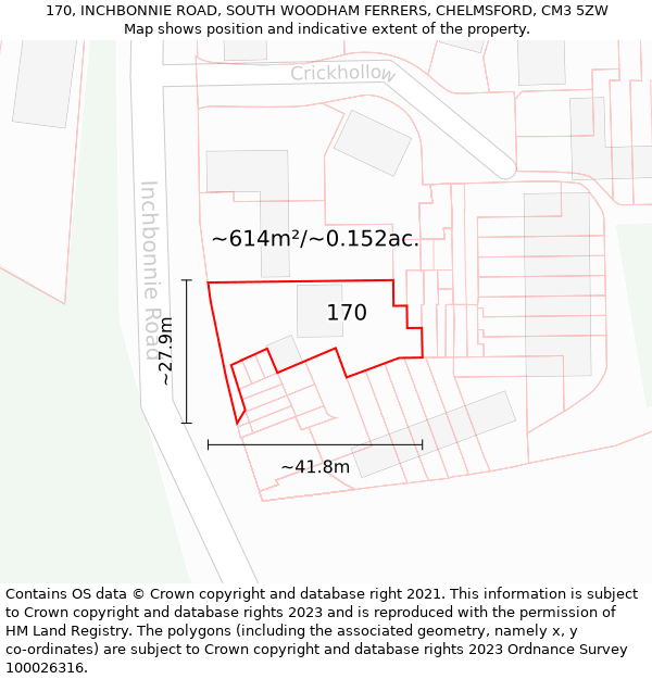 170, INCHBONNIE ROAD, SOUTH WOODHAM FERRERS, CHELMSFORD, CM3 5ZW: Plot and title map