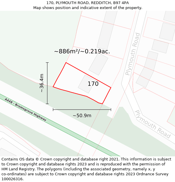 170, PLYMOUTH ROAD, REDDITCH, B97 4PA: Plot and title map