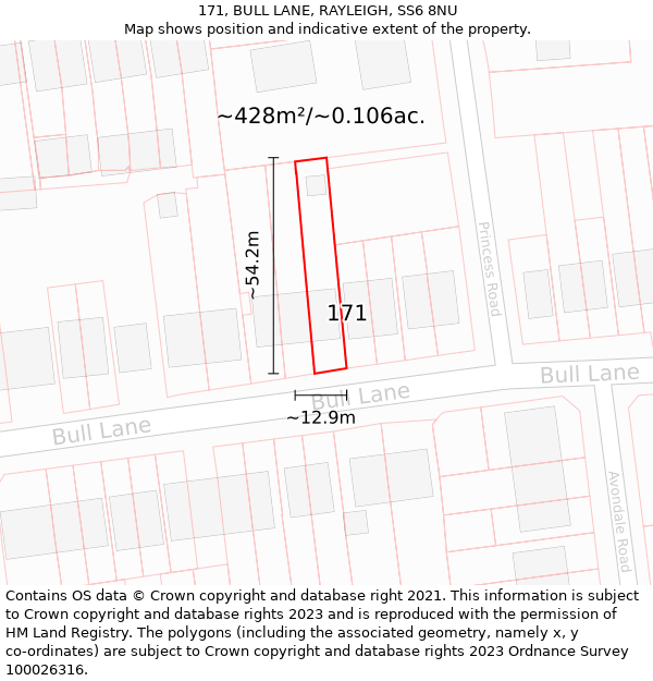 171, BULL LANE, RAYLEIGH, SS6 8NU: Plot and title map