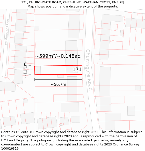 171, CHURCHGATE ROAD, CHESHUNT, WALTHAM CROSS, EN8 9EJ: Plot and title map