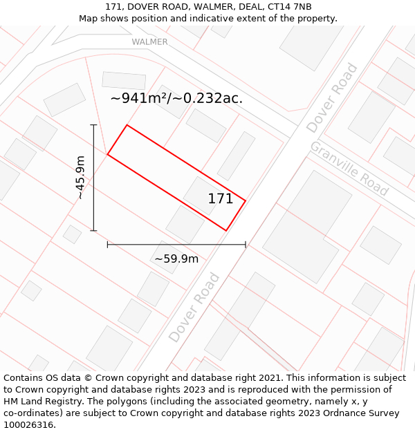 171, DOVER ROAD, WALMER, DEAL, CT14 7NB: Plot and title map