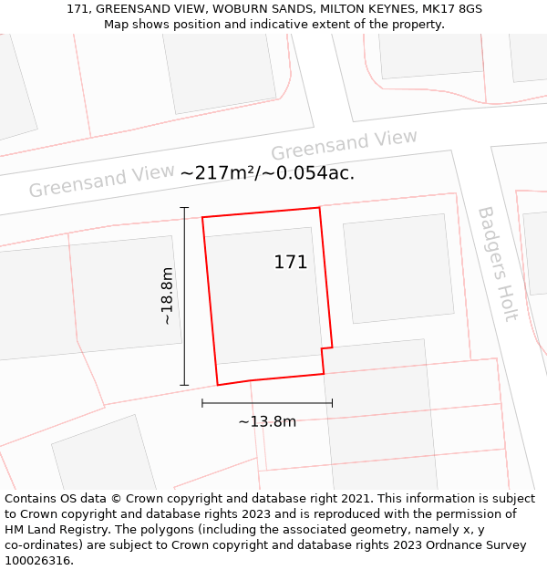 171, GREENSAND VIEW, WOBURN SANDS, MILTON KEYNES, MK17 8GS: Plot and title map