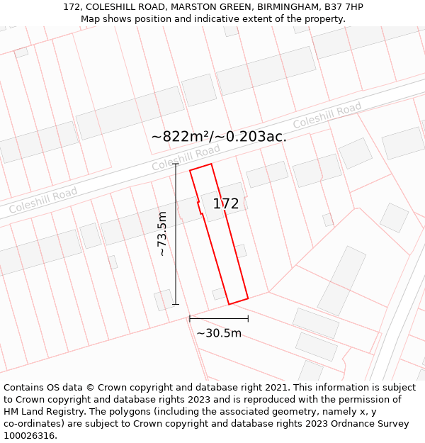 172, COLESHILL ROAD, MARSTON GREEN, BIRMINGHAM, B37 7HP: Plot and title map