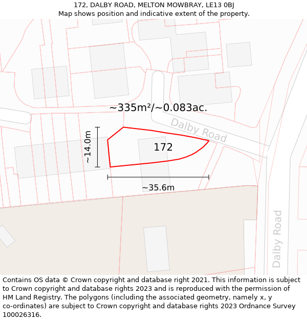 172, DALBY ROAD, MELTON MOWBRAY, LE13 0BJ: Plot and title map