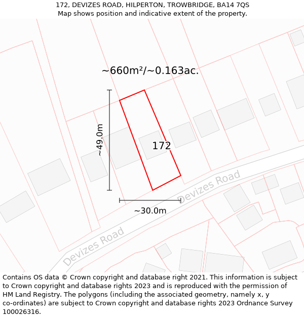 172, DEVIZES ROAD, HILPERTON, TROWBRIDGE, BA14 7QS: Plot and title map