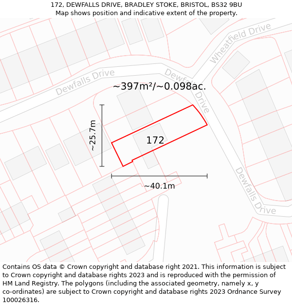 172, DEWFALLS DRIVE, BRADLEY STOKE, BRISTOL, BS32 9BU: Plot and title map