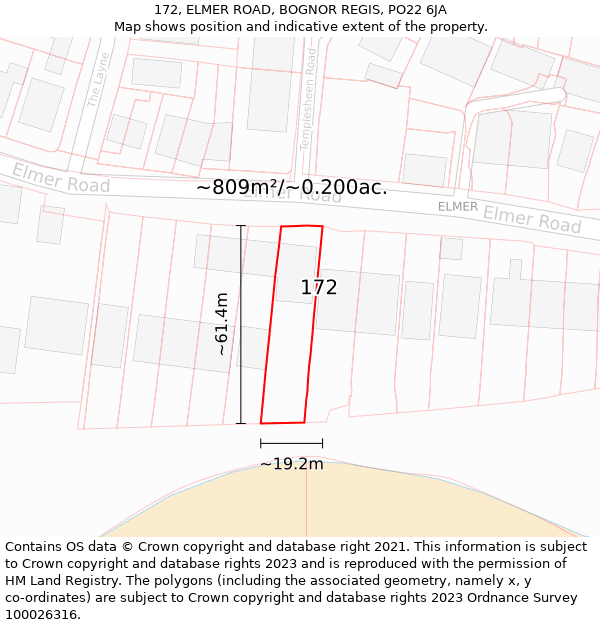 172, ELMER ROAD, BOGNOR REGIS, PO22 6JA: Plot and title map