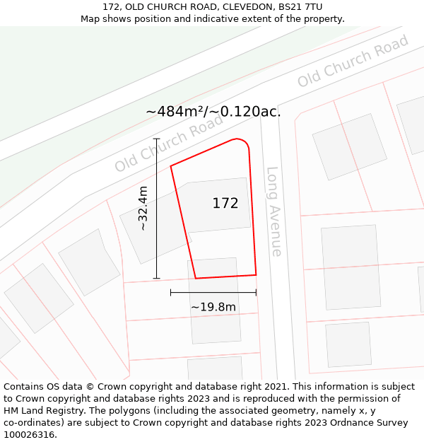 172, OLD CHURCH ROAD, CLEVEDON, BS21 7TU: Plot and title map