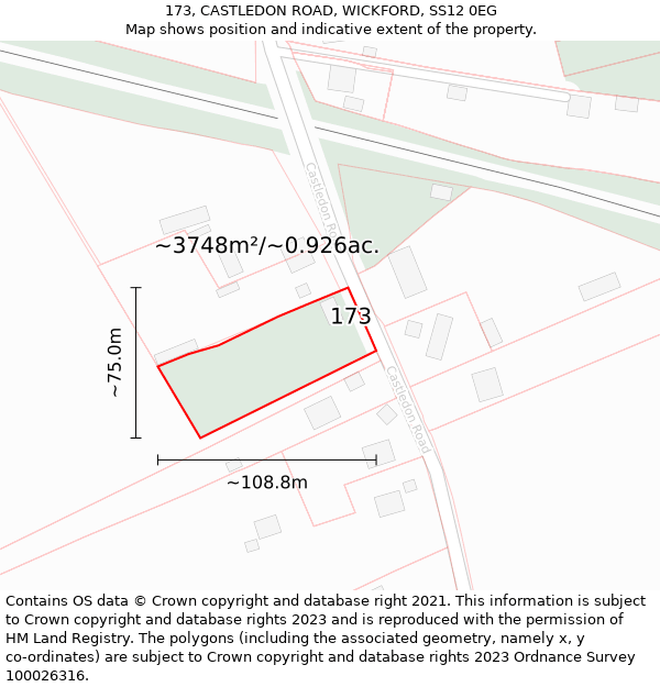 173, CASTLEDON ROAD, WICKFORD, SS12 0EG: Plot and title map