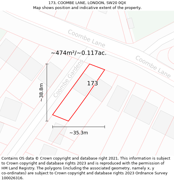 173, COOMBE LANE, LONDON, SW20 0QX: Plot and title map