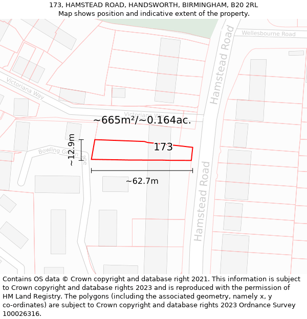 173, HAMSTEAD ROAD, HANDSWORTH, BIRMINGHAM, B20 2RL: Plot and title map