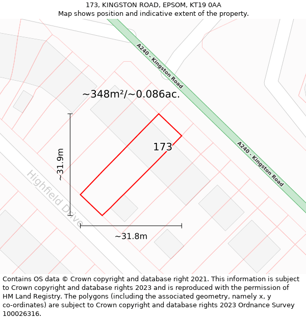 173, KINGSTON ROAD, EPSOM, KT19 0AA: Plot and title map