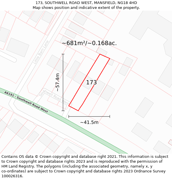 173, SOUTHWELL ROAD WEST, MANSFIELD, NG18 4HD: Plot and title map