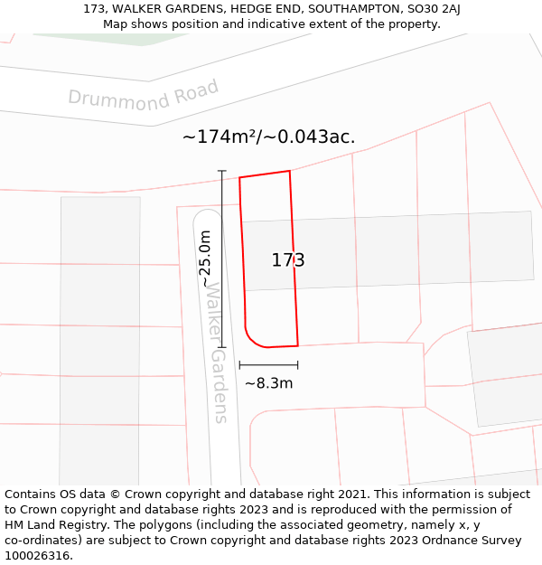 173, WALKER GARDENS, HEDGE END, SOUTHAMPTON, SO30 2AJ: Plot and title map