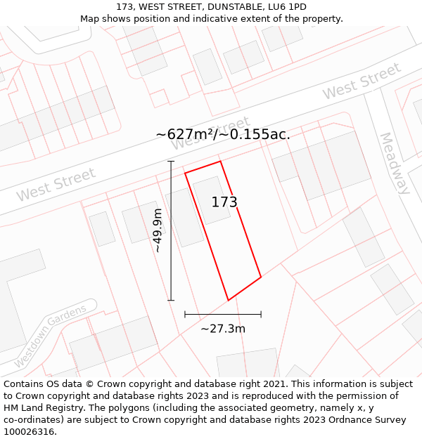 173, WEST STREET, DUNSTABLE, LU6 1PD: Plot and title map