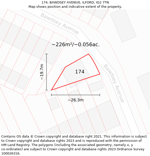 174, BAWDSEY AVENUE, ILFORD, IG2 7TN: Plot and title map