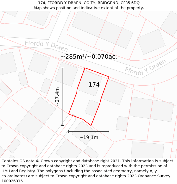 174, FFORDD Y DRAEN, COITY, BRIDGEND, CF35 6DQ: Plot and title map