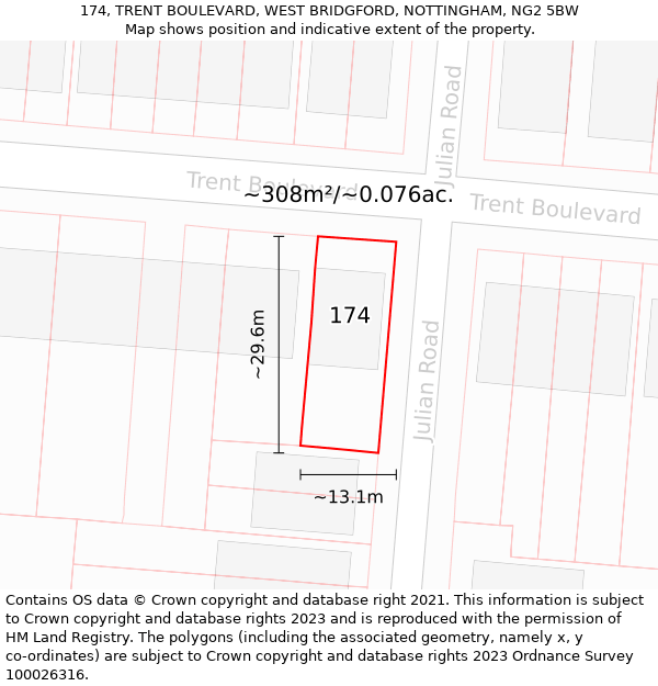 174, TRENT BOULEVARD, WEST BRIDGFORD, NOTTINGHAM, NG2 5BW: Plot and title map