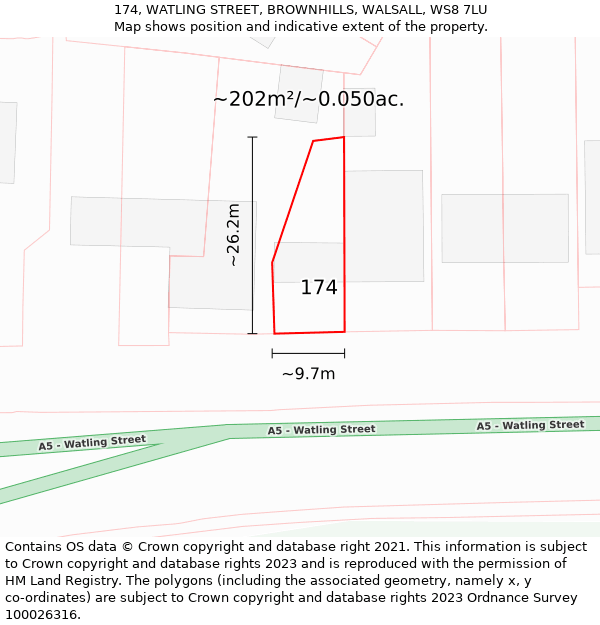 174, WATLING STREET, BROWNHILLS, WALSALL, WS8 7LU: Plot and title map