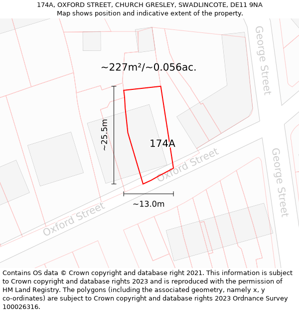 174A, OXFORD STREET, CHURCH GRESLEY, SWADLINCOTE, DE11 9NA: Plot and title map