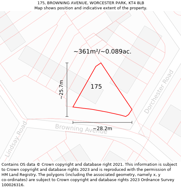 175, BROWNING AVENUE, WORCESTER PARK, KT4 8LB: Plot and title map