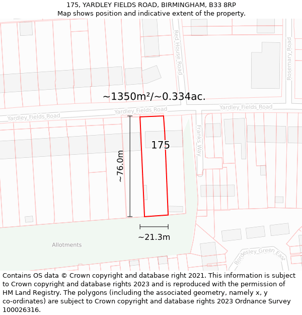 175, YARDLEY FIELDS ROAD, BIRMINGHAM, B33 8RP: Plot and title map