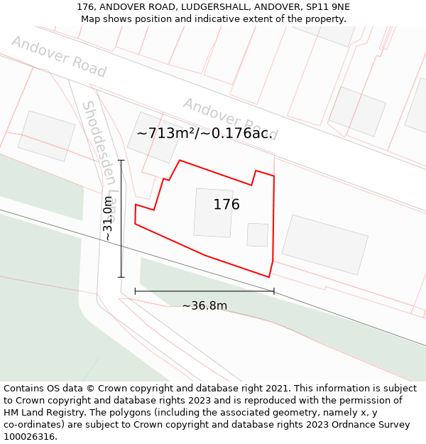 176, ANDOVER ROAD, LUDGERSHALL, ANDOVER, SP11 9NE: Plot and title map