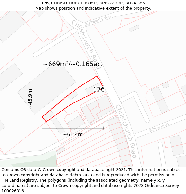 176, CHRISTCHURCH ROAD, RINGWOOD, BH24 3AS: Plot and title map