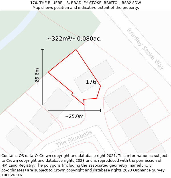 176, THE BLUEBELLS, BRADLEY STOKE, BRISTOL, BS32 8DW: Plot and title map