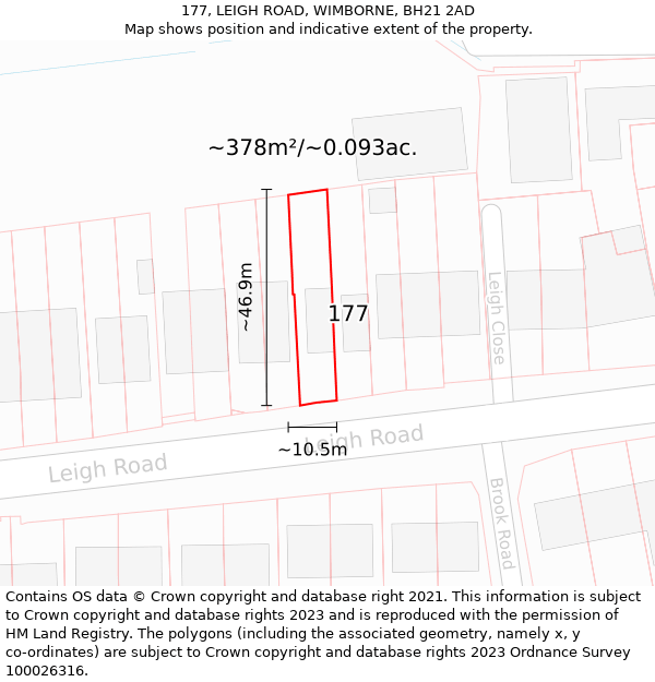 177, LEIGH ROAD, WIMBORNE, BH21 2AD: Plot and title map