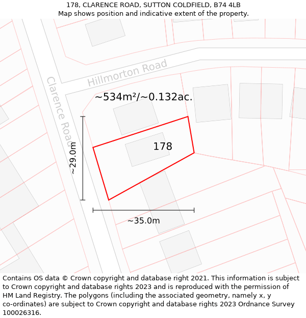 178, CLARENCE ROAD, SUTTON COLDFIELD, B74 4LB: Plot and title map