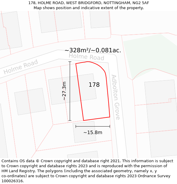 178, HOLME ROAD, WEST BRIDGFORD, NOTTINGHAM, NG2 5AF: Plot and title map