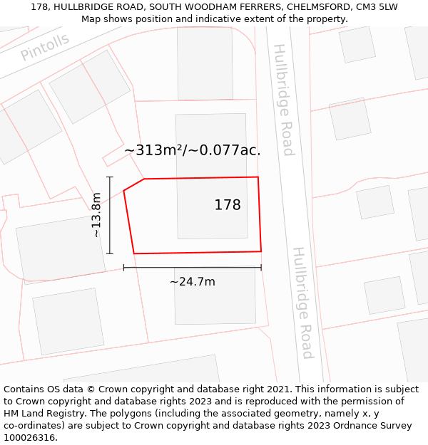 178, HULLBRIDGE ROAD, SOUTH WOODHAM FERRERS, CHELMSFORD, CM3 5LW: Plot and title map