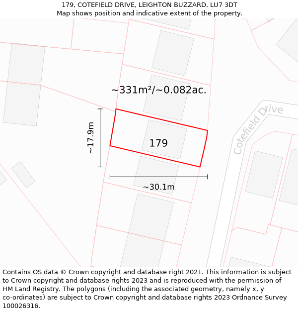 179, COTEFIELD DRIVE, LEIGHTON BUZZARD, LU7 3DT: Plot and title map