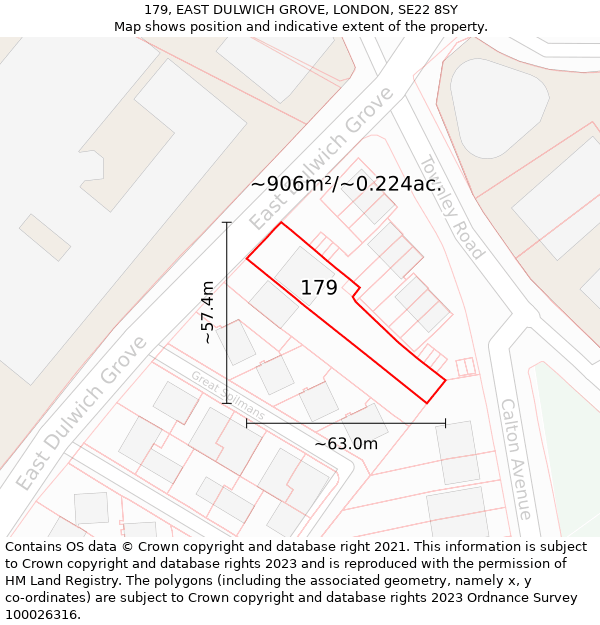 179, EAST DULWICH GROVE, LONDON, SE22 8SY: Plot and title map