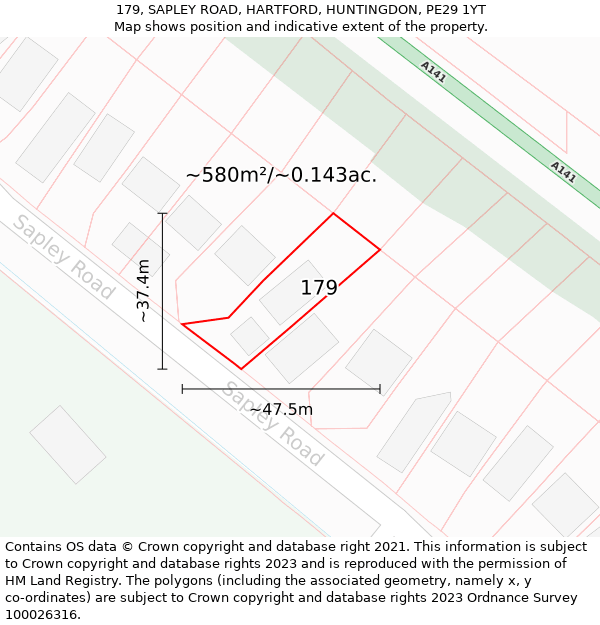 179, SAPLEY ROAD, HARTFORD, HUNTINGDON, PE29 1YT: Plot and title map