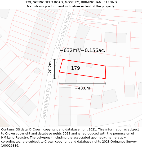 179, SPRINGFIELD ROAD, MOSELEY, BIRMINGHAM, B13 9ND: Plot and title map