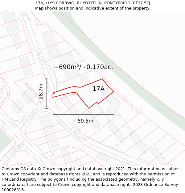 17A, LLYS CORRWG, RHYDYFELIN, PONTYPRIDD, CF37 5EJ: Plot and title map