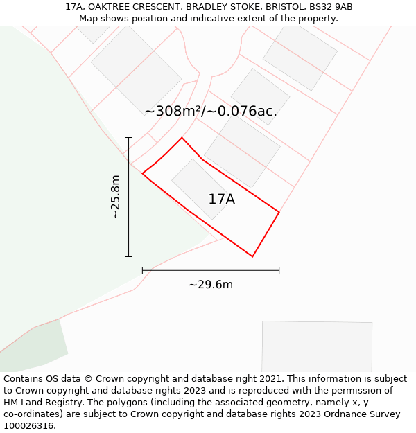 17A, OAKTREE CRESCENT, BRADLEY STOKE, BRISTOL, BS32 9AB: Plot and title map