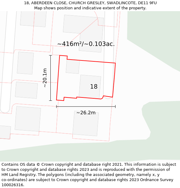 18, ABERDEEN CLOSE, CHURCH GRESLEY, SWADLINCOTE, DE11 9FU: Plot and title map