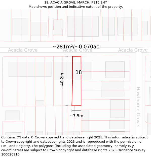 18, ACACIA GROVE, MARCH, PE15 8HY: Plot and title map