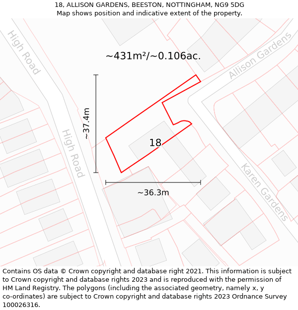 18, ALLISON GARDENS, BEESTON, NOTTINGHAM, NG9 5DG: Plot and title map