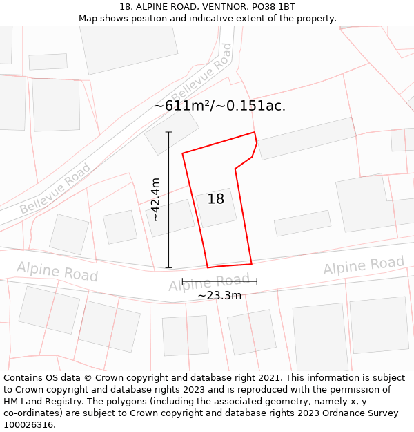18, ALPINE ROAD, VENTNOR, PO38 1BT: Plot and title map