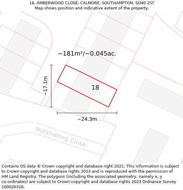 18, AMBERWOOD CLOSE, CALMORE, SOUTHAMPTON, SO40 2ST: Plot and title map