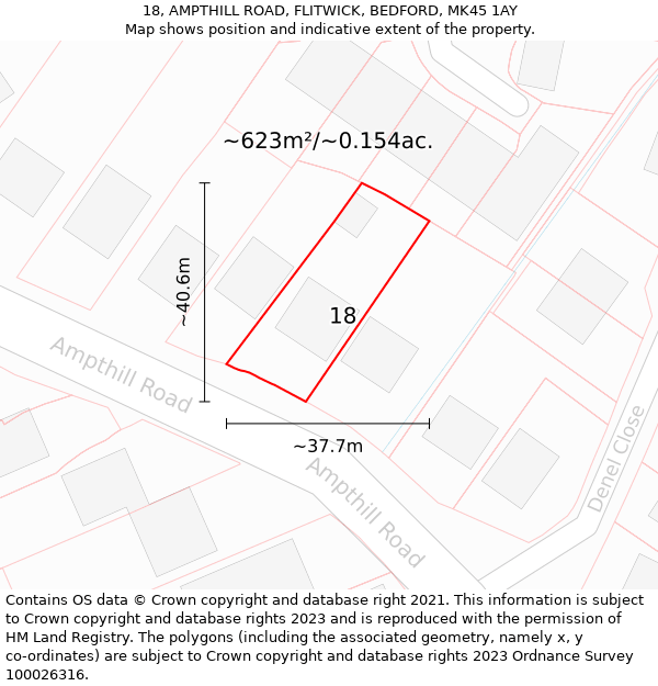 18, AMPTHILL ROAD, FLITWICK, BEDFORD, MK45 1AY: Plot and title map