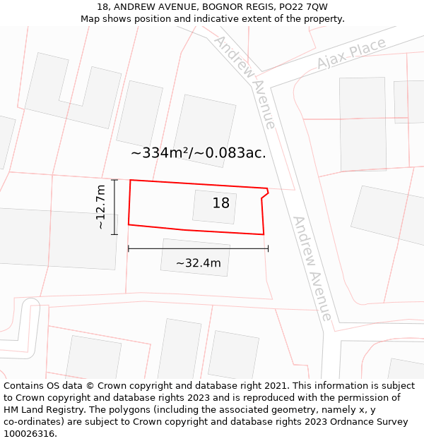 18, ANDREW AVENUE, BOGNOR REGIS, PO22 7QW: Plot and title map