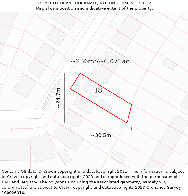 18, ASCOT DRIVE, HUCKNALL, NOTTINGHAM, NG15 6HZ: Plot and title map