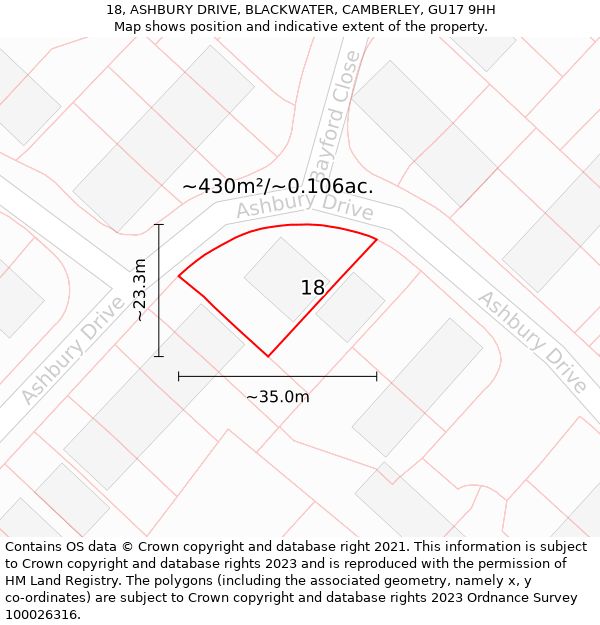18, ASHBURY DRIVE, BLACKWATER, CAMBERLEY, GU17 9HH: Plot and title map