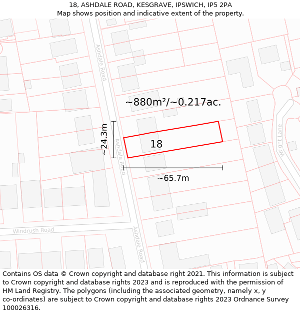 18, ASHDALE ROAD, KESGRAVE, IPSWICH, IP5 2PA: Plot and title map