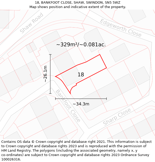 18, BANKFOOT CLOSE, SHAW, SWINDON, SN5 5WZ: Plot and title map